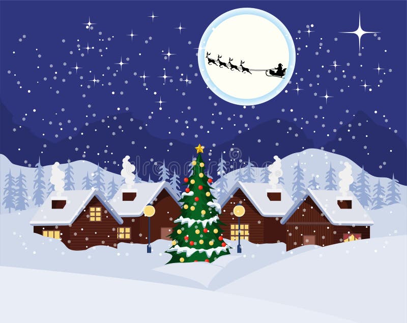 Paisagem Da Noite De Natal Com Casas Ao Lado De Uma árvore De Natal Com Uma Lua Cheia E Um Voo De Santa Claus Ilustração do Vetor - Ilustração de completamente, santa: Paisagem Da Noite De Natal Com Casas Ao Lado De Uma árvore De Natal Com Uma Lua Cheia E Um Voo De Santa Claus Ilustração do Vetor - Ilustração de completamente, santa: