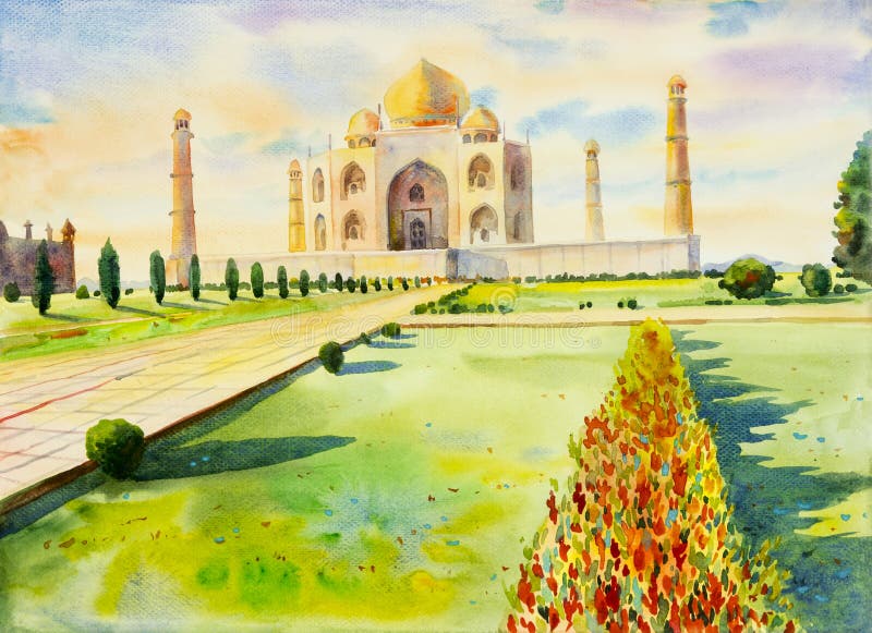 Watercolor painting landscape of archaeological site in the Taj Mahal view, with flowers garden in blue sky and clouds background. Hand painted illustration beauty spring season. Watercolor painting landscape of archaeological site in the Taj Mahal view, with flowers garden in blue sky and clouds background. Hand painted illustration beauty spring season.