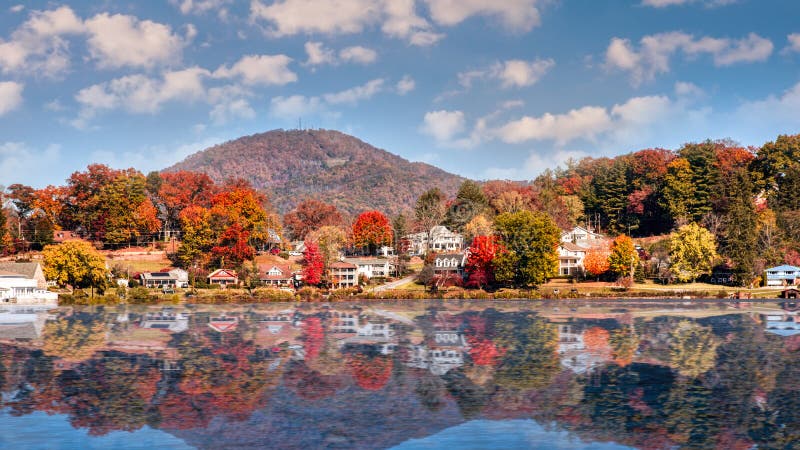 Fall Landscape showing Lake houses with reflections in Lake Junaluska. Fall Landscape showing Lake houses with reflections in Lake Junaluska