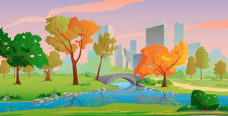 Paisagem de outono com árvores de rio e amarelo, lindas cores do pôr do sol ilustração royalty free