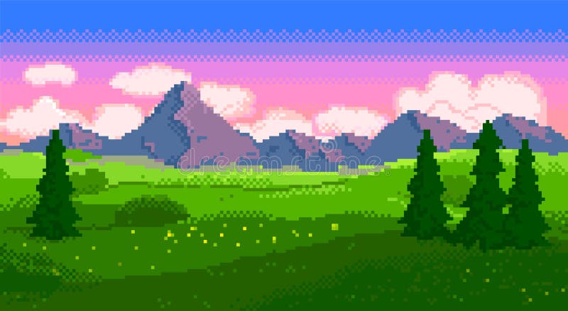 Pôr do sol de pixel na ilustração vetorial de montanhas