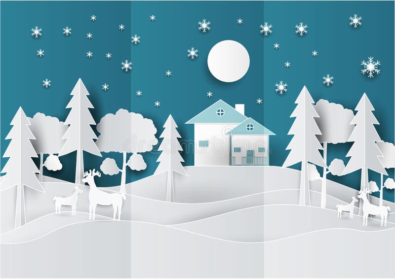 A paisagem de papel da arte do Natal com cervos, a árvore e a casa projetam Ilustração do vetor