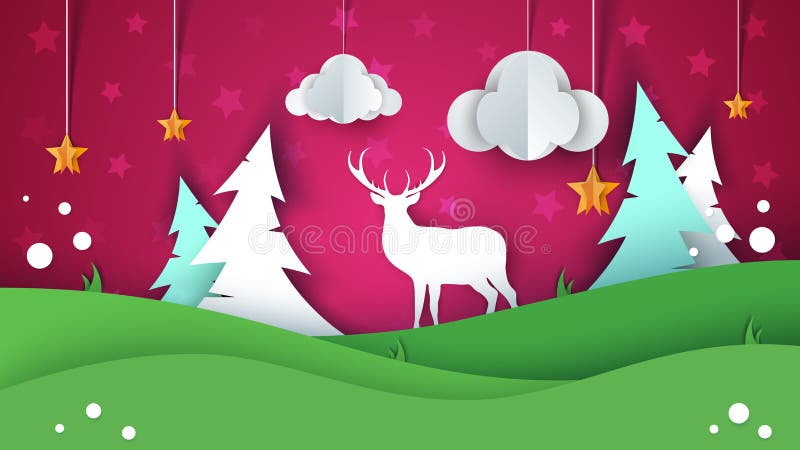 Paisagem de papel do verão dos desenhos animados Cervos, estrela, nuvem, abeto, monte, grama ilustração royalty free Paisagem de papel do verão dos desenhos animados Cervos, estrela, nuvem, abeto, monte, grama ilustração royalty free