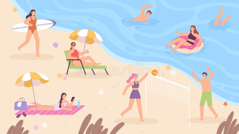 Cartoon pessoas felizes jogando vôlei na beira-mar, Gráficos - Envato  Elements