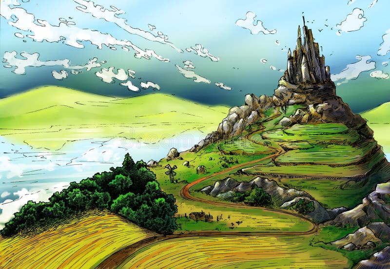 Paisagem do conto de fadas com castelo ilustração stock Paisagem do conto de fadas com castelo ilustração stock