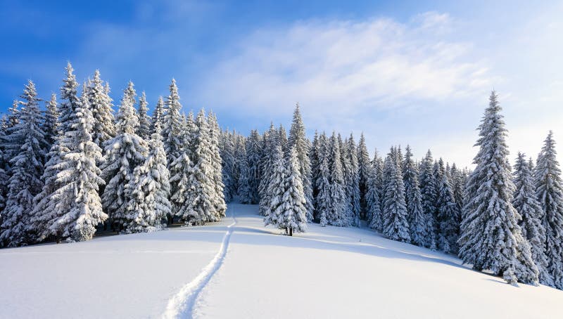 Paisagem do inverno com as árvores justas sob a neve Cenário para os turistas Feriados do Natal