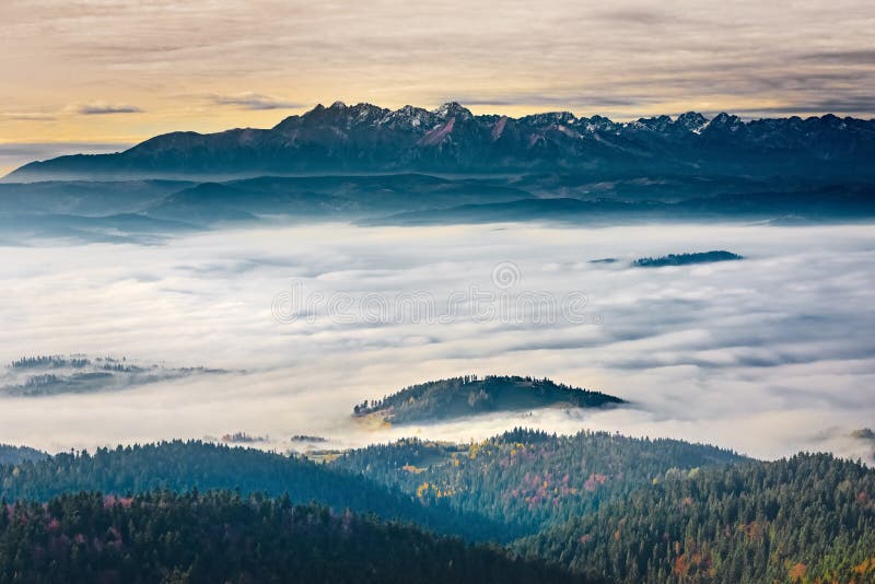 Paisagem enevoada do nascer do sol do pico de Luban em montanhas de Gorce imagem de stock royalty free