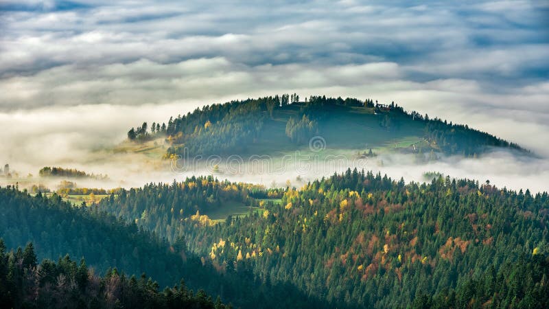 Paisagem enevoada do nascer do sol do pico de Luban em montanhas de Gorce imagens de stock royalty free