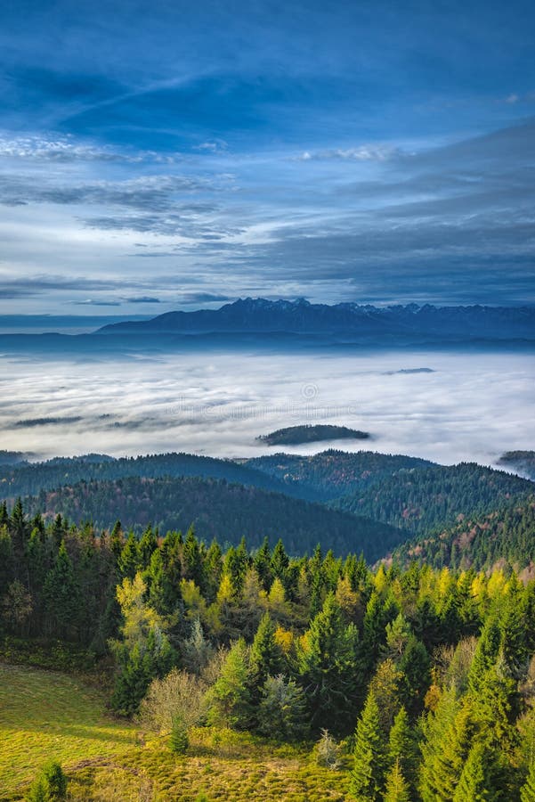 Paisagem enevoada do nascer do sol do pico de Luban em montanhas de Gorce fotografia de stock royalty free
