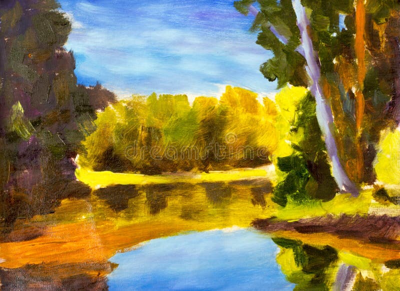 Bright sunny landscape. Oil painting of forest is reflected in water river. Autumn on lake etude sketh on canvas. Nature, rural seascape illustration impressionism artwork. Bright sunny landscape. Oil painting of forest is reflected in water river. Autumn on lake etude sketh on canvas. Nature, rural seascape illustration impressionism artwork.