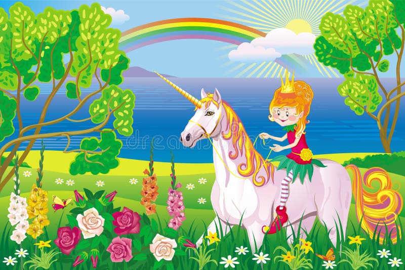 Vector bright Sunny landscape with cartoon girl riding on a unicorn. Vector bright Sunny landscape with cartoon girl riding on a unicorn