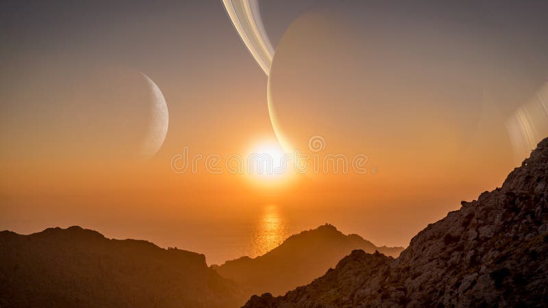 Paisagem estrangeira do planeta, seascape do exoplanet com montanhas e luas imagem de stock Paisagem estrangeira do planeta, seascape do exoplanet com montanhas e luas imagem de stock