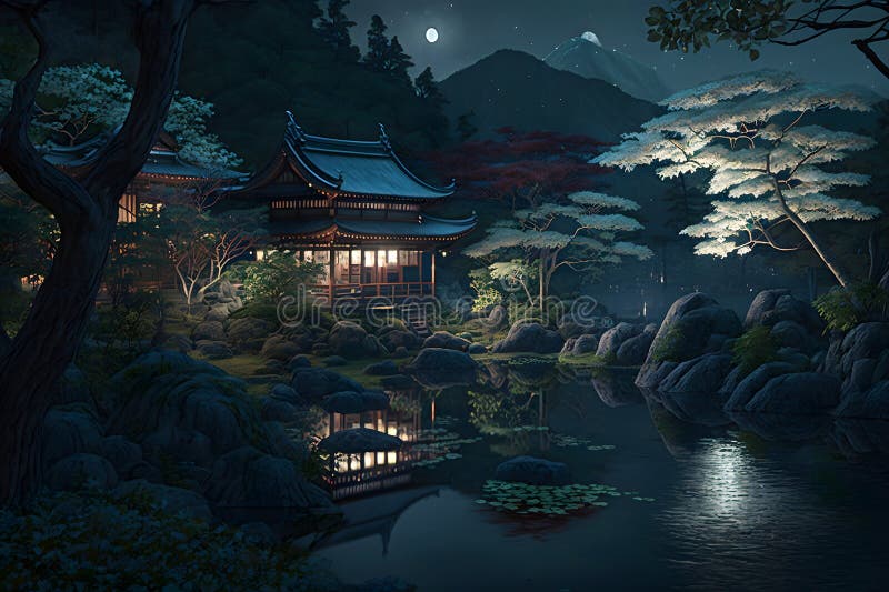 Um antigo templo na floresta encantada à noite. desenho de anime