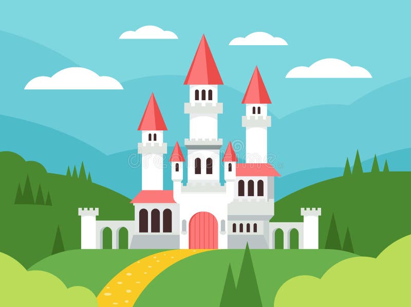 Paisagem lisa dos desenhos animados do conto de fadas com castelo Palácio bonito com torres, casa feericamente da fantasia da fan ilustração stock Paisagem lisa dos desenhos animados do conto de fadas com castelo Palácio bonito com torres, casa feericamente da fantasia da fan ilustração stock
