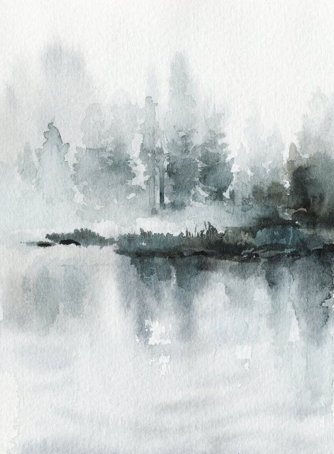 Paisagem neonatal Rio azul / lago / mar / oceano com montanhas e floresta no nevoeiro - pintura à aquarela desenhada à mão