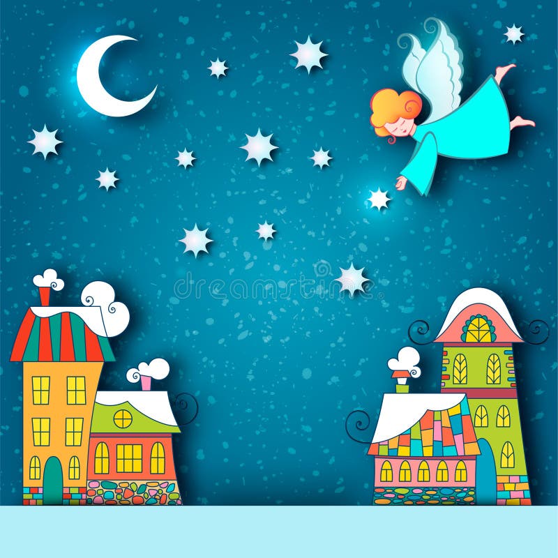 Paisagem nevado da cidade do inverno Fundo do Natal com casas do conto de fadas e anjo com estrelas e lua no céu na véspera do fe ilustração do vetor Paisagem nevado da cidade do inverno Fundo do Natal com casas do conto de fadas e anjo com estrelas e lua no céu na véspera do fe ilustração do vetor
