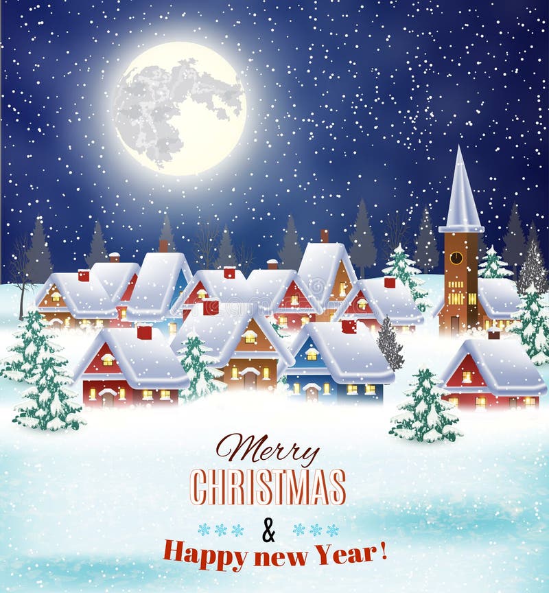 New year and Christmas winter village night landscape background. Vector illustration. concept for greeting or postal card. New year and Christmas winter village night landscape background. Vector illustration. concept for greeting or postal card