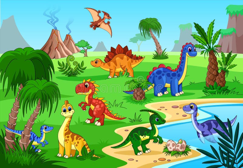 grupo de dinossauros engraçados dos desenhos animados na selva 5332380  Vetor no Vecteezy