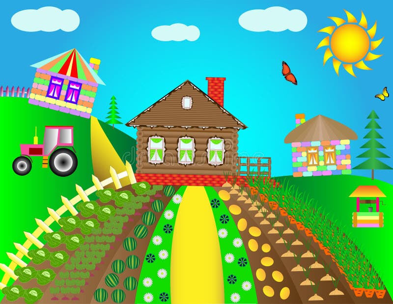 Paisagem rural com casas da vila As casas coloridas das crianças no fundo de um prado e de um céu azul ilustração stock Paisagem rural com casas da vila As casas coloridas das crianças no fundo de um prado e de um céu azul ilustração stock