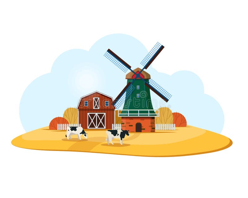 Retro Paisagem Moinho De Vento Vector Ilustração Fazenda Casa