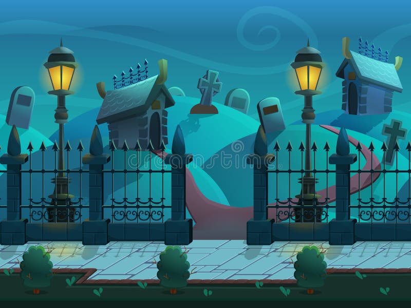 Paisagem sem emenda da noite dos desenhos animados, com sepulturas e criptas, fundo infinito do vetor com camadas separadas ilustração stock Paisagem sem emenda da noite dos desenhos animados, com sepulturas e criptas, fundo infinito do vetor com camadas separadas ilustração stock