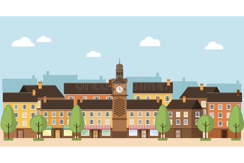 A small town with houses, trees, street, town clock. Urban landscape. Vector illustration flat design. A small town with houses, trees, street, town clock. Urban landscape. Vector illustration flat design