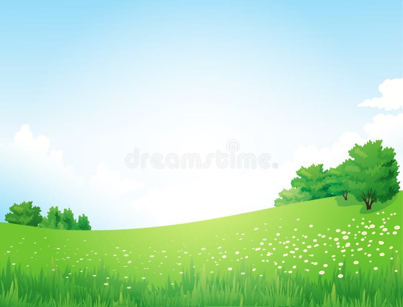 Paisagem verde com árvores, nuvens e flores ilustração do vetor