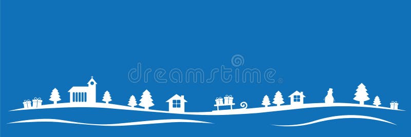 Paisaje azul del invierno de la Navidad con las casas y los regalos de los abetos de la iglesia