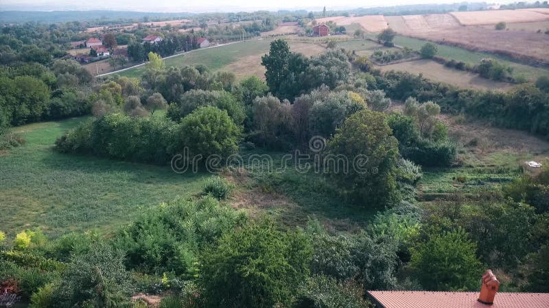 Paisaje aéreo de los campos y casas forestales