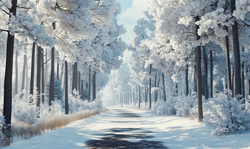 Paisaje boscoso de invierno nevado con árboles escarpados y sendero sereno fotografía de archivo