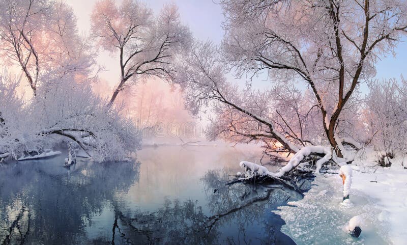 Paisaje brillante del invierno con escarcha por todas partes Sobre todo río tranquilo del invierno, rodeado por los árboles cubie foto de archivo libre de regalías