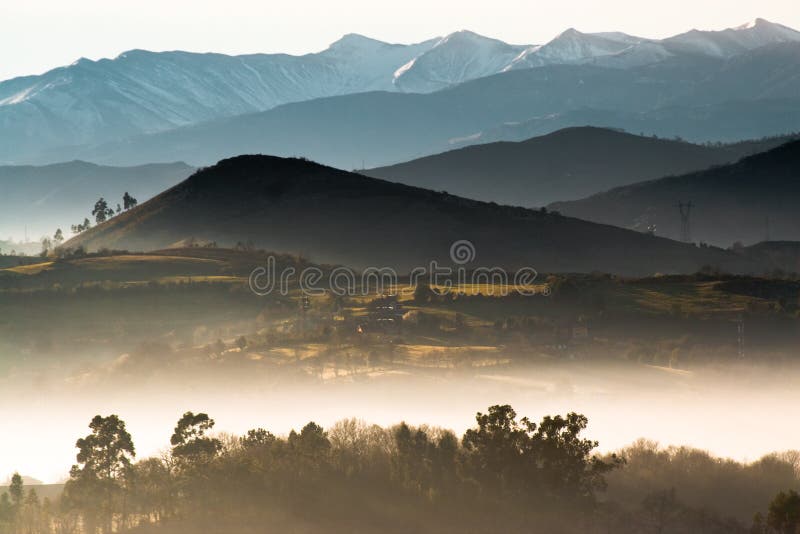 Vespertine foggy landscape in Asturias, north of Spain. Vespertine foggy landscape in Asturias, north of Spain