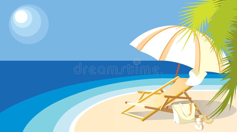 Paisaje con el mar, el ocioso del sol y la palmera ilustración del vector Paisaje con el mar, el ocioso del sol y la palmera ilustración del vector