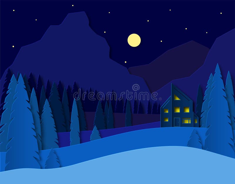 Paisaje con una casa en las monta?as Bosque y campos de la picea dise?o del corte del papel 3d Publicidad de viaje y de la recons ilustración del vector Paisaje con una casa en las monta?as Bosque y campos de la picea dise?o del corte del papel 3d Publicidad de viaje y de la recons ilustración del vector