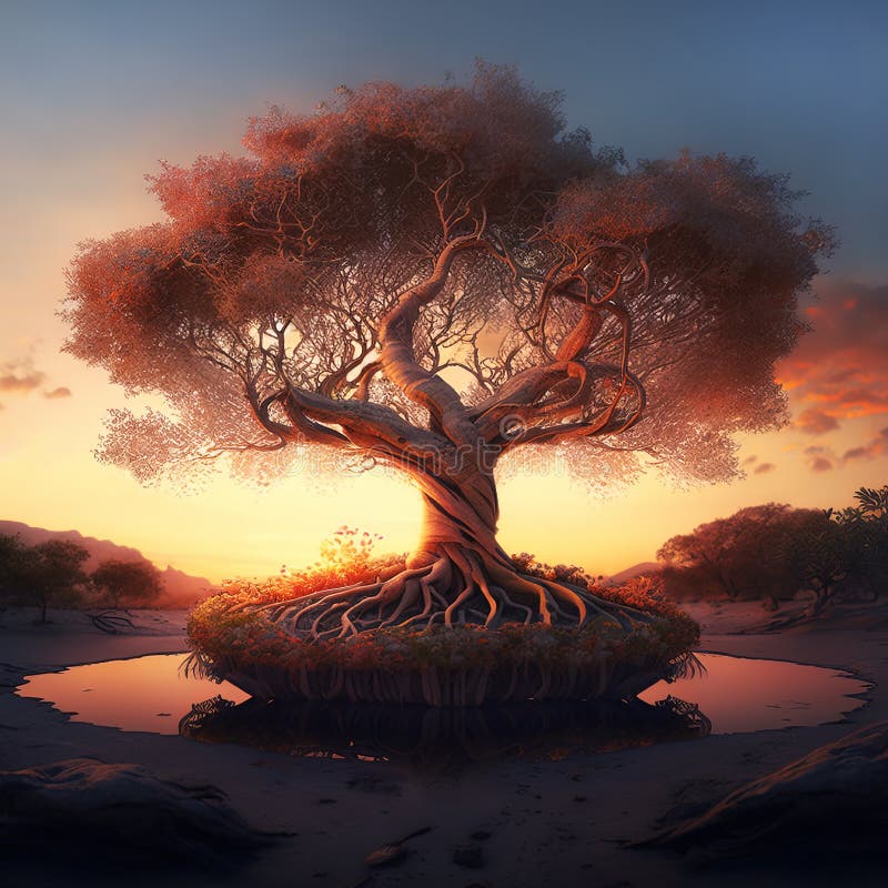 Paisaje con árbol de la vida. ilustración generada por ai fotos de archivo libres de regalías