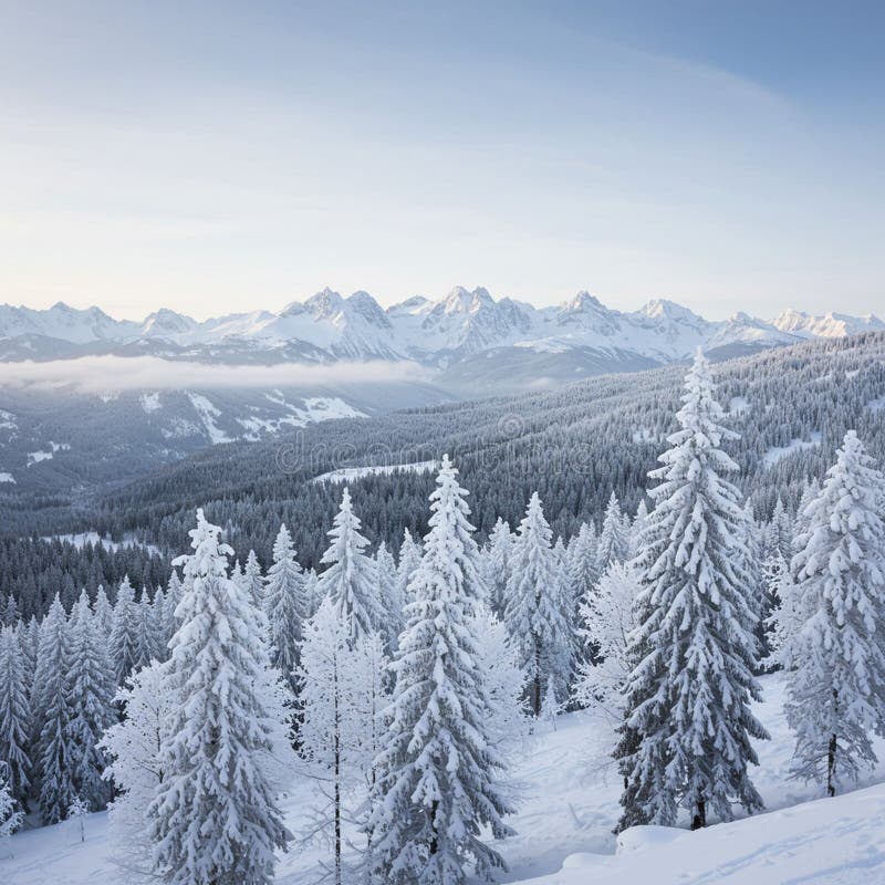 Paisaje cubierto de nieve con altos pinos densos cada uno cargado con pesada nieve. A stock de ilustración