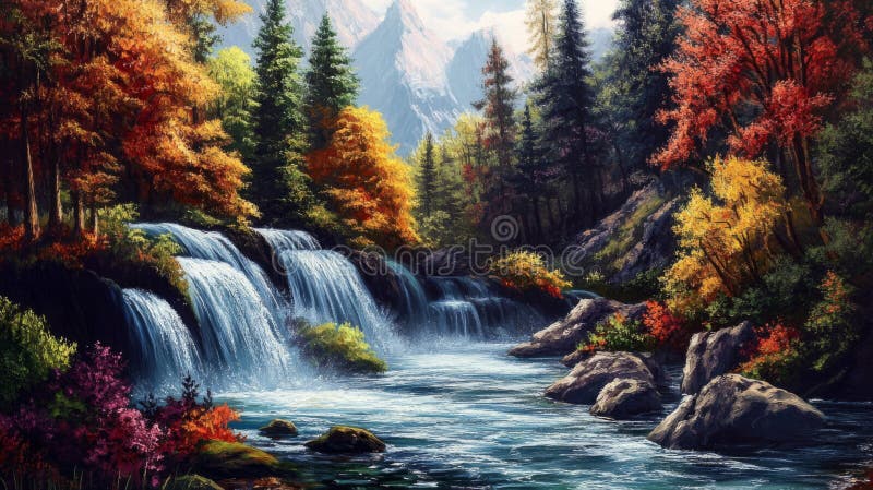 Paisaje de cascada de otoño : Colores vibrantes en cascada de agua y fondo de montaña ilustración del vector