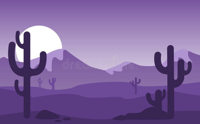  Paisaje De Dibujos Animados Con Vistas Nocturnas Del Desierto Con Montañas Y Colinas, Vegetación, Páramo Resumen De Degradado De Ilustración del Vector