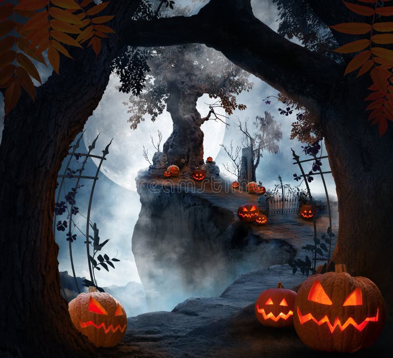 Paisaje De Halloween Con Espeluznantes Cementerios De Castillo Búho