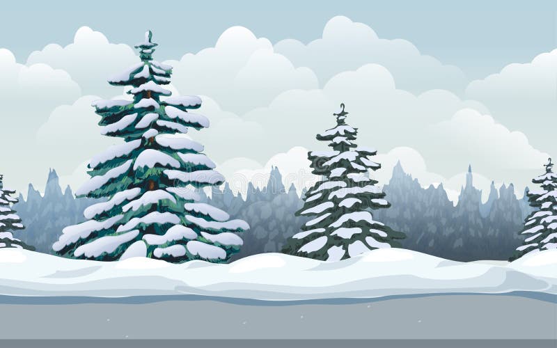  Paisaje De Invierno Fondo De Bosque. Ilustración De Dibujos Animados En Invierno Frío Día Soleado Al Aire Libre. Naturaleza De La Stock de ilustración
