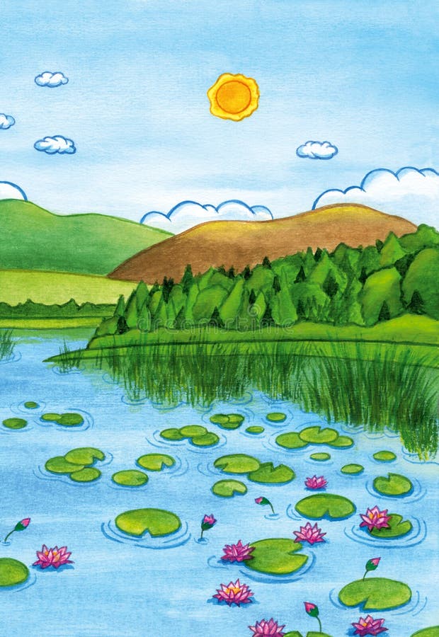 Paisaje de la acuarela con el lago, los lirios de agua y las montañas libre illustration Paisaje de la acuarela con el lago, los lirios de agua y las montañas libre illustration