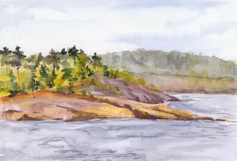 Paisaje de la acuarela con las montañas y el lago ilustración del vector Paisaje de la acuarela con las montañas y el lago ilustración del vector