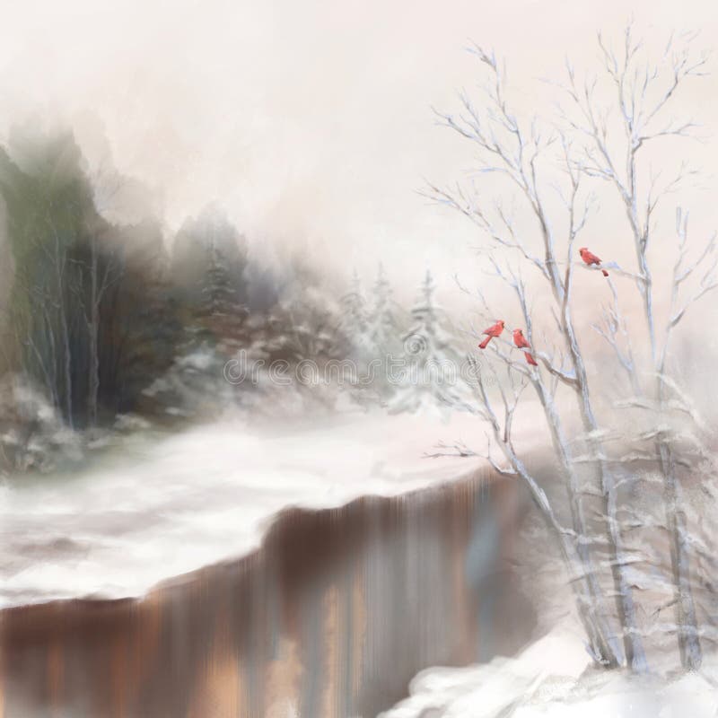Paisaje de la acuarela de los pájaros del río del invierno en niebla
