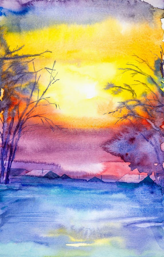 Paisaje de la acuarela Puesta del sol del invierno en el pueblo entre los árboles libre illustration Paisaje de la acuarela Puesta del sol del invierno en el pueblo entre los árboles libre illustration