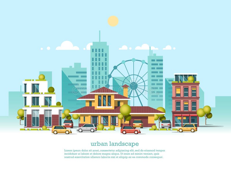 Paisaje de la ciudad Estilo moderno de la arquitectura 3d Arquitectura moderna, noria, coches, rascacielos ilustración del vector Paisaje de la ciudad Estilo moderno de la arquitectura 3d Arquitectura moderna, noria, coches, rascacielos ilustración del vector