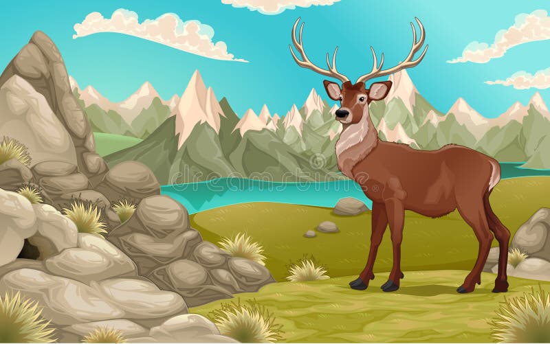 Paisaje de la montaña con los ciervos stock de ilustración Paisaje de la montaña con los ciervos stock de ilustración