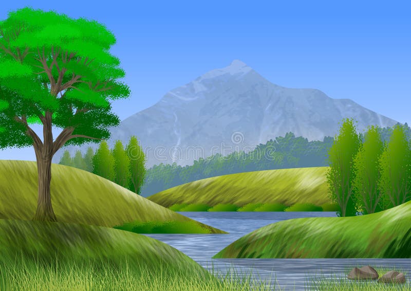 Paisaje de la naturaleza con la montaña, los árboles, las colinas, y un río libre illustration Paisaje de la naturaleza con la montaña, los árboles, las colinas, y un río libre illustration