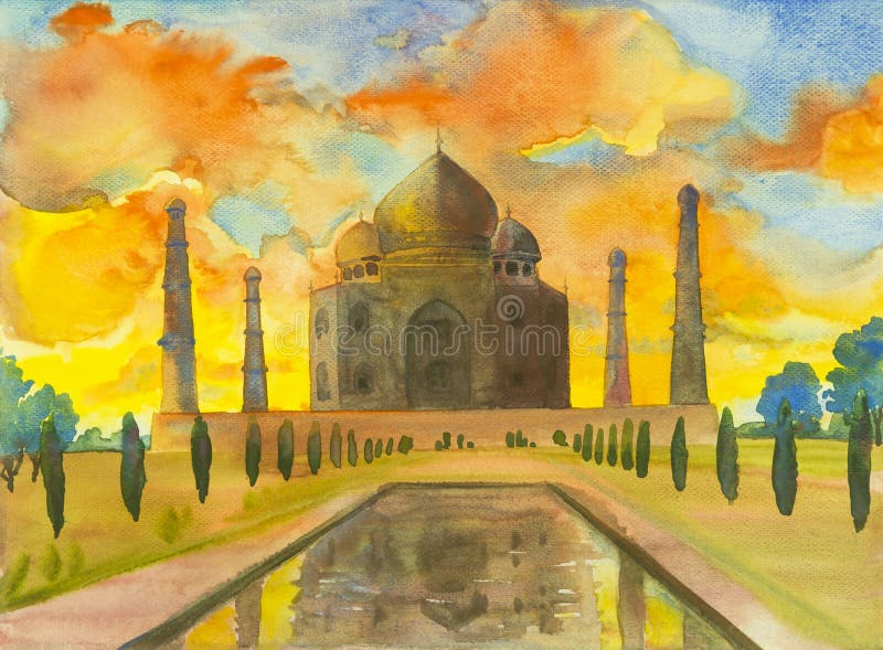 Paisaje de la pintura de la acuarela del sitio arqueológico en el Taj Mahal ilustración del vector Paisaje de la pintura de la acuarela del sitio arqueológico en el Taj Mahal ilustración del vector