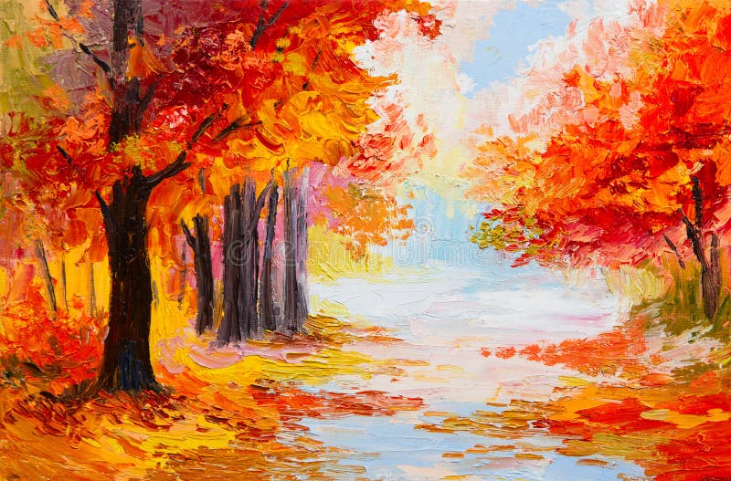 Paisaje de la pintura al óleo - bosque colorido del otoño stock de ilustración Paisaje de la pintura al óleo - bosque colorido del otoño stock de ilustración