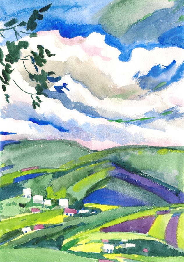 Paisaje de la pintura de la acuarela stock de ilustración Paisaje de la pintura de la acuarela stock de ilustración